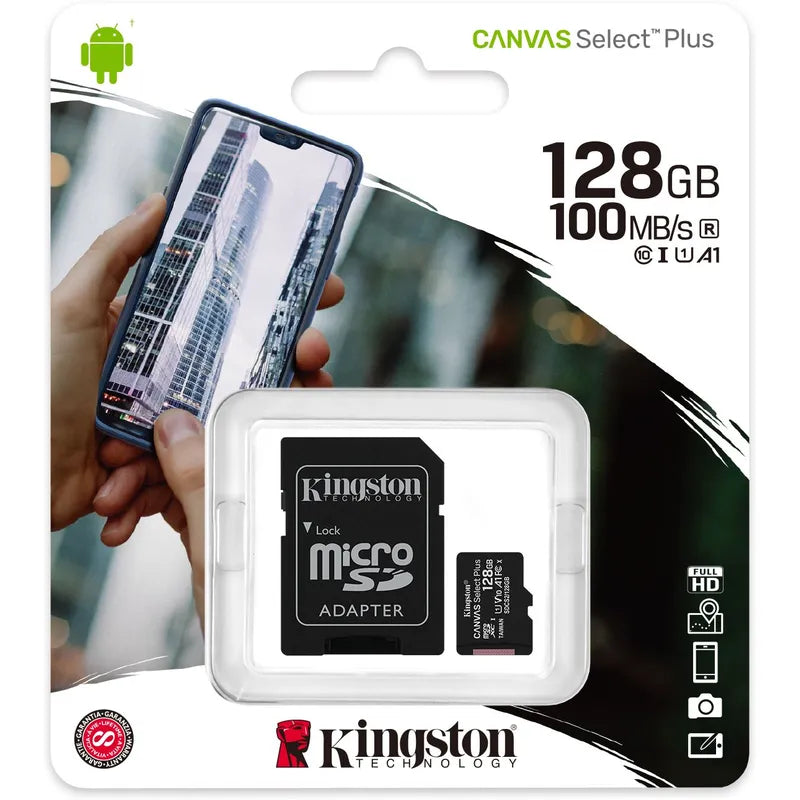Kingston 128GB Canvas Select Plus MicroSDXC Card with SD Adapter, UHS-I Class 10, U1, A1 App Performance, 100MB/s