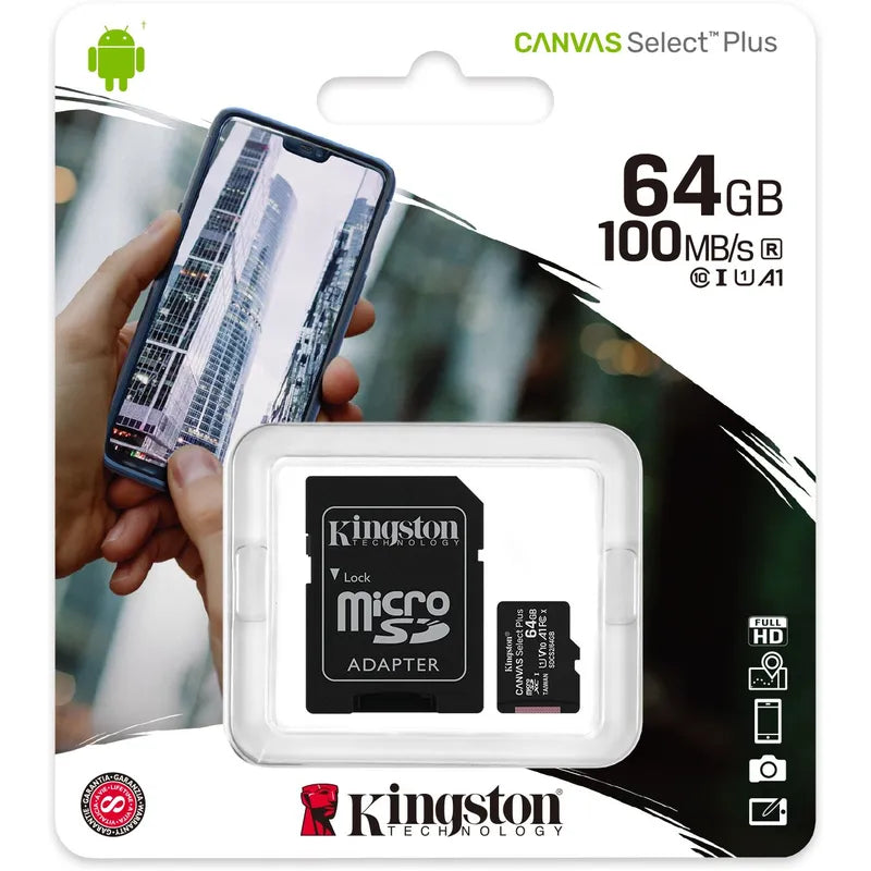 Kingston 64GB Canvas Select Plus MicroSDXC Card with SD Adapter, UHS-I Class 10, U1, A1 App Performance, 100MB/s
