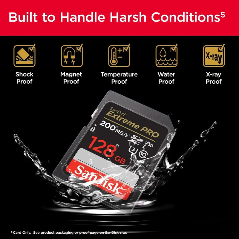 SanDisk 128GB Extreme PRO SDXC card, SD Card, V30 Memory Card, 4K UHD, up to 200 MB/s, SanDisk QuickFlow Technology, RescuePro Deluxe Data Recovery Software, UHS-I, Class 10, U3, V30