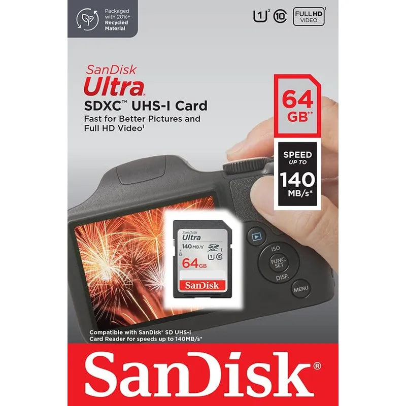 SanDisk 64GB Ultra SDXC Card, SD Card, Memory Card With Up To 140 MB/s Read Speeds, Full HD Video, UHS-I, Class 10, U1
