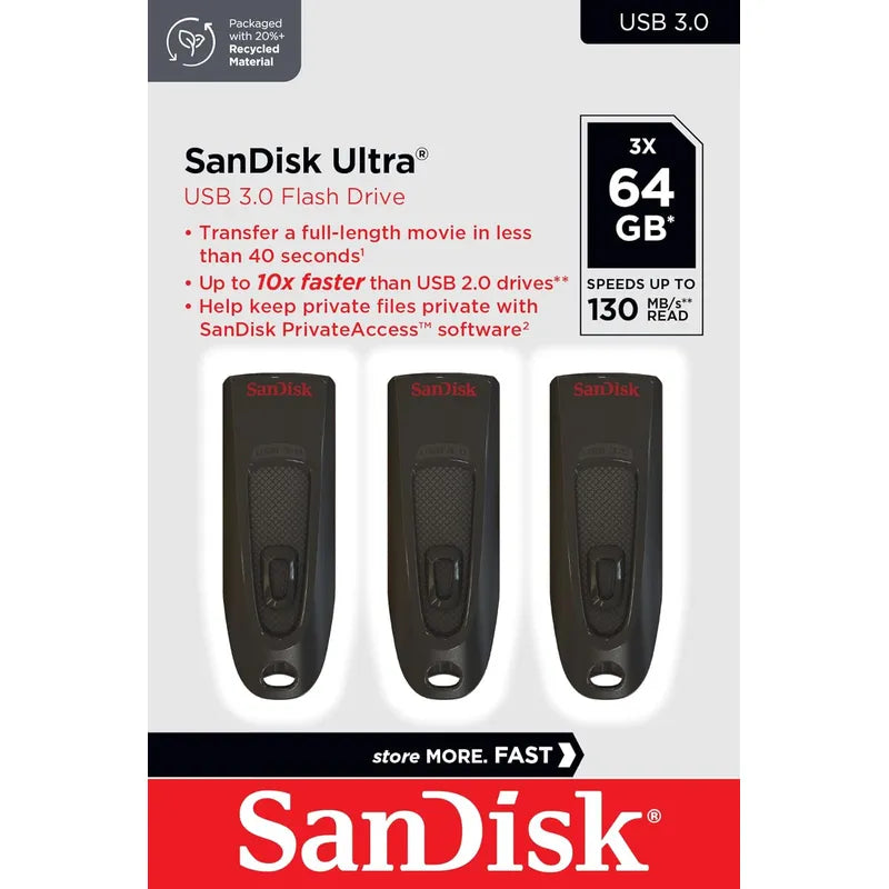 SanDisk Ultra 64GB Flash Drive USB 3.2 Gen 1 (3.1 Gen 1), 130 MB/s, Black - Pack of 3