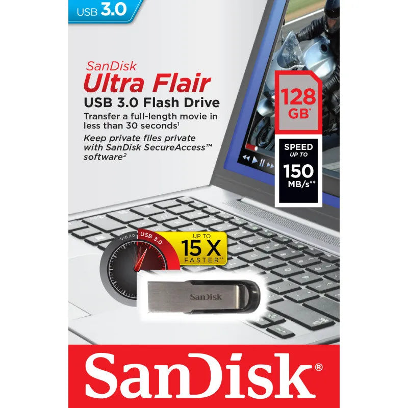 SanDisk Ultra Flair 128 GB USB Flash Drive, 3.2 Gen 1 (3.1 Gen 1), 150 MB/s, Capless, Black, Silver